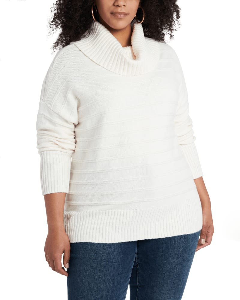 Front of a model wearing a size 1X Layla Cowl-Neck Sweater in ANTIQ WHITE by Vince Camuto. | dia_product_style_image_id:261251